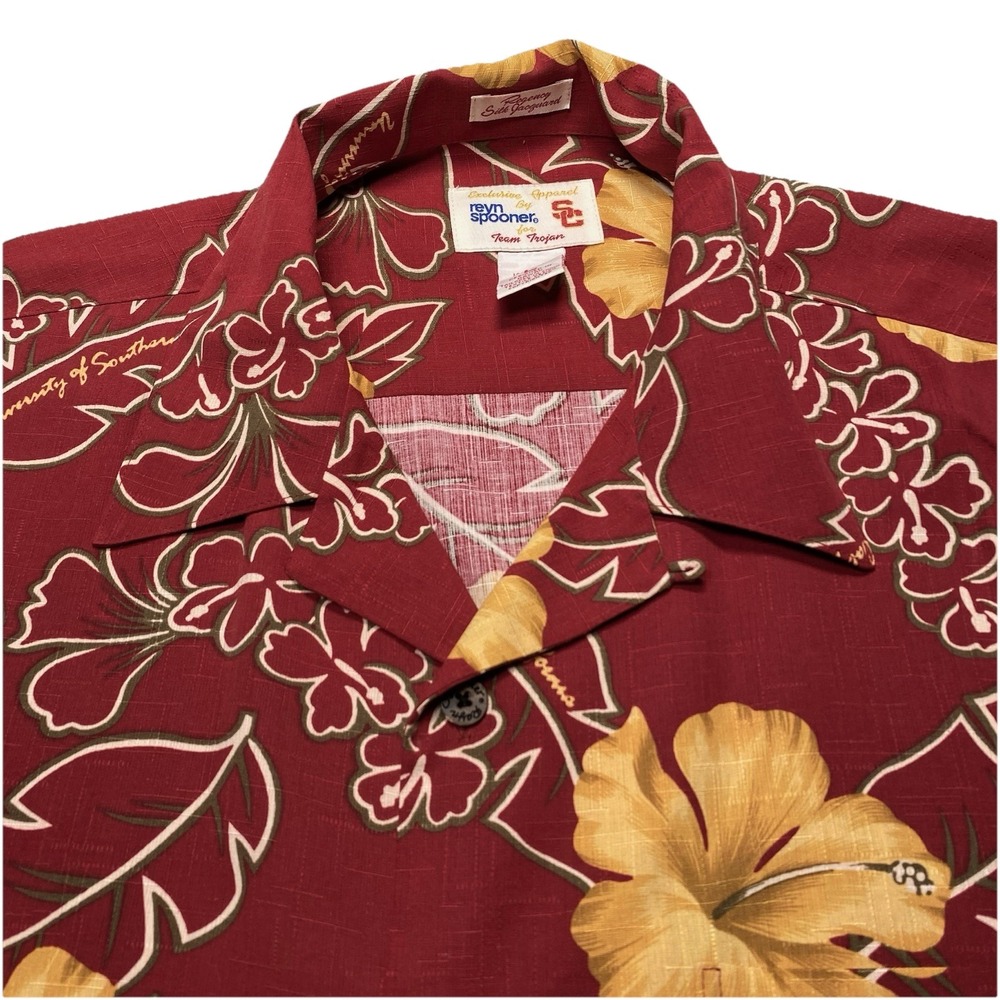 Reyn Spooner Shirt L Mens USC Trojans Loop Camp Hawaiian AOP Silk Jacquard Red